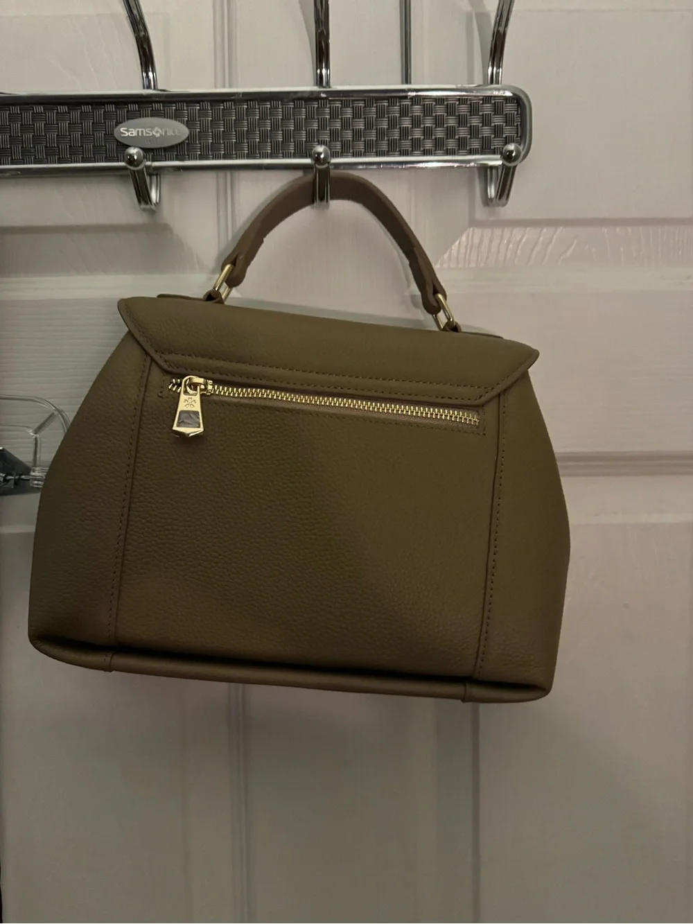 ZAC Zac Posen Olive Taupe Leather Top-Handle Satchel with Gold Emblem